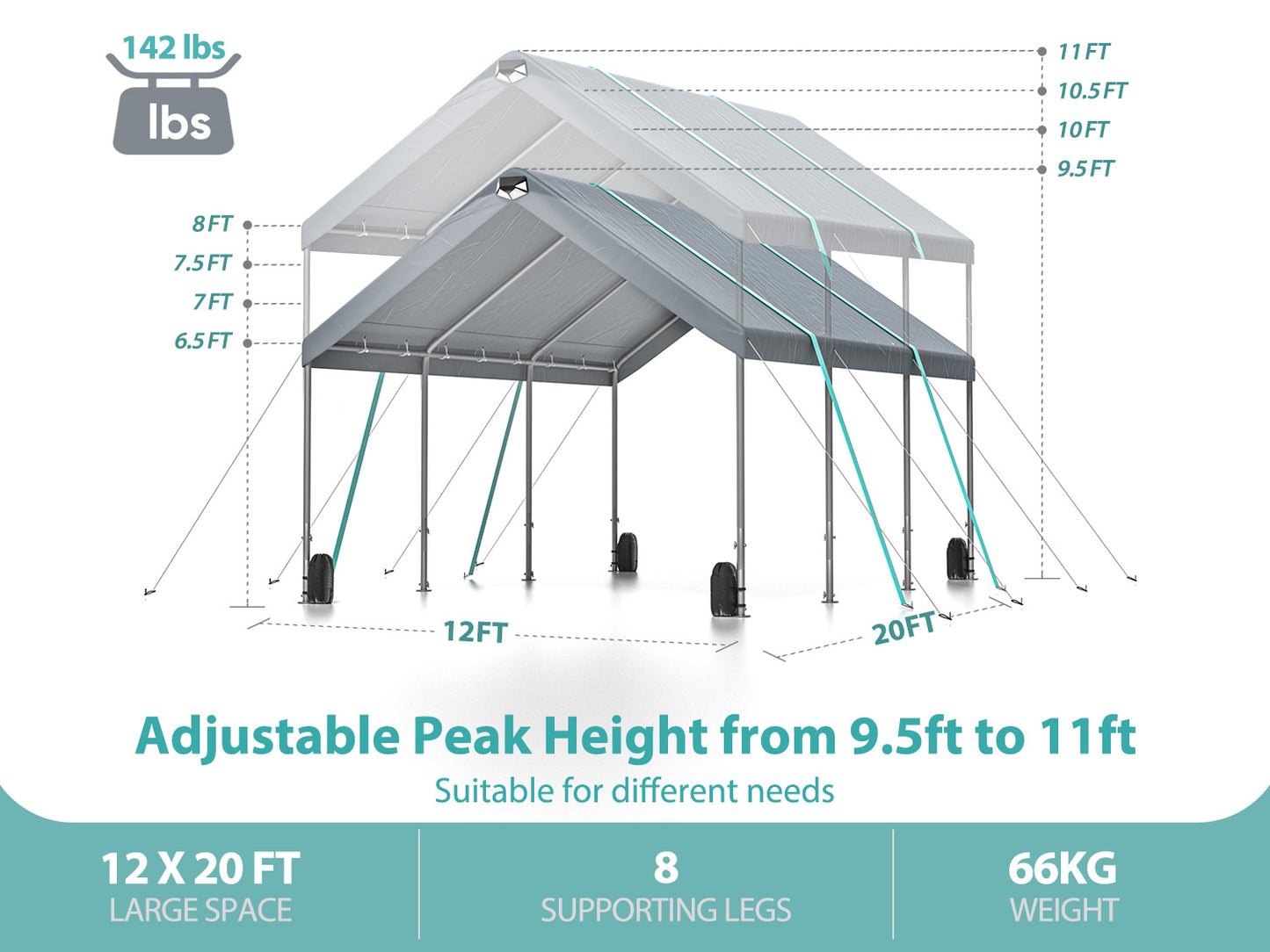 12 * 20 portable car tent garage with adjustable height from 9.5 feet to 11 feet, metal roof and side walls