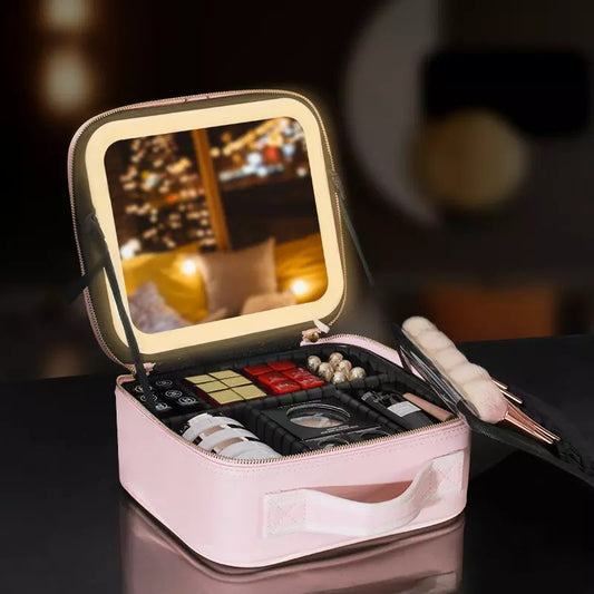 Bolsa de maquillaje con espejo LED de gran capacidad, caja de almacenamiento de partición de bricolaje multifuncional, estuche de maquillaje portátil impermeable para mujeres