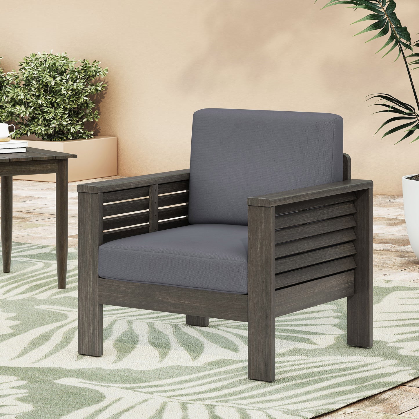 Sillones tipo club de madera de acacia para exteriores con cojines, acabado gris oscuro, perfectos para patios