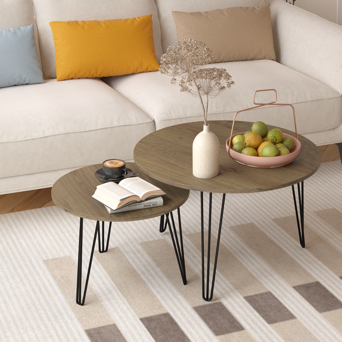 27.56'' Round Nesting Coffee Table Set of 2, Circular Nesting End Table Set  Sturdy Metal Base for Living Room, bedroom, Brown