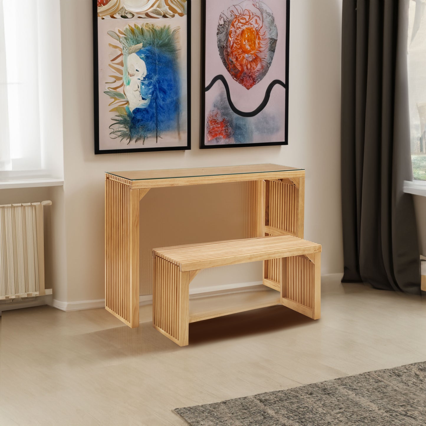 Conjunto de mesa y banco de comedor, diseño de madera de pino para entradas, salas de estar y cocinas