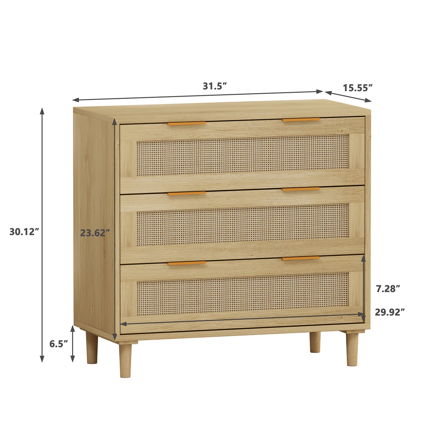 3-Drawer Rattan Storage Cabinet Set of 2, Oak Finish for Bedrooms, Living Rooms, and Hallways