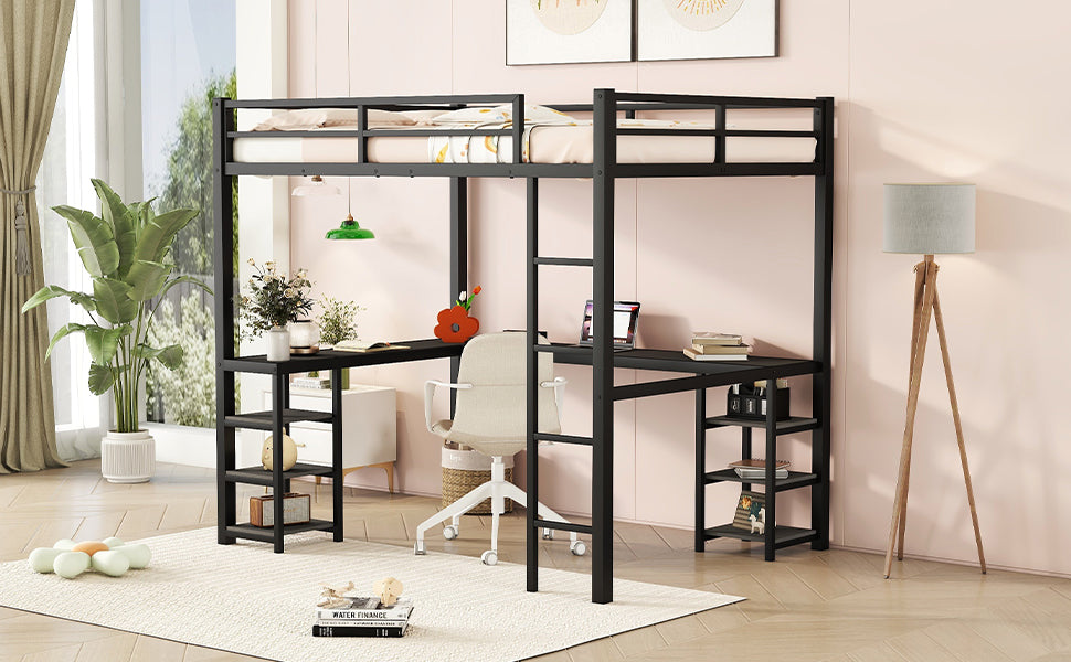 All metal loft bed with desk and shelf, loft bed with ladder and guardrail, black with black desk