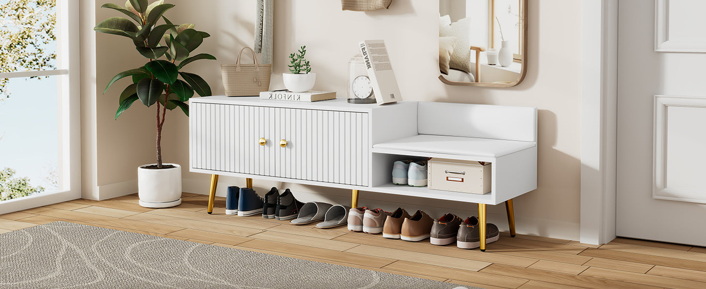 Modern Shoe Storage Bench with Hidden Storage and Upholstered Cushions, White Finish