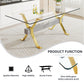 Modern Tempered Glass Dining Table, Large Office Desk with Gold Plated Metal Legs and MDF Crossbars