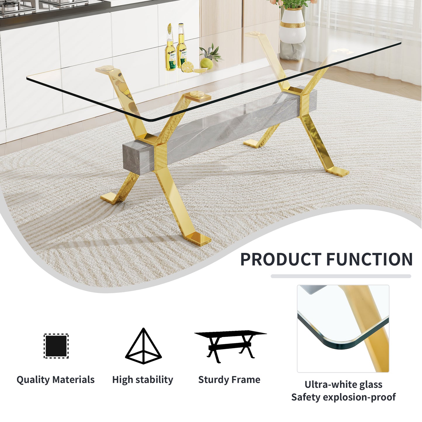 Mesa de comedor moderna de vidrio templado, escritorio de oficina grande con patas de metal chapado en oro y barras transversales de MDF