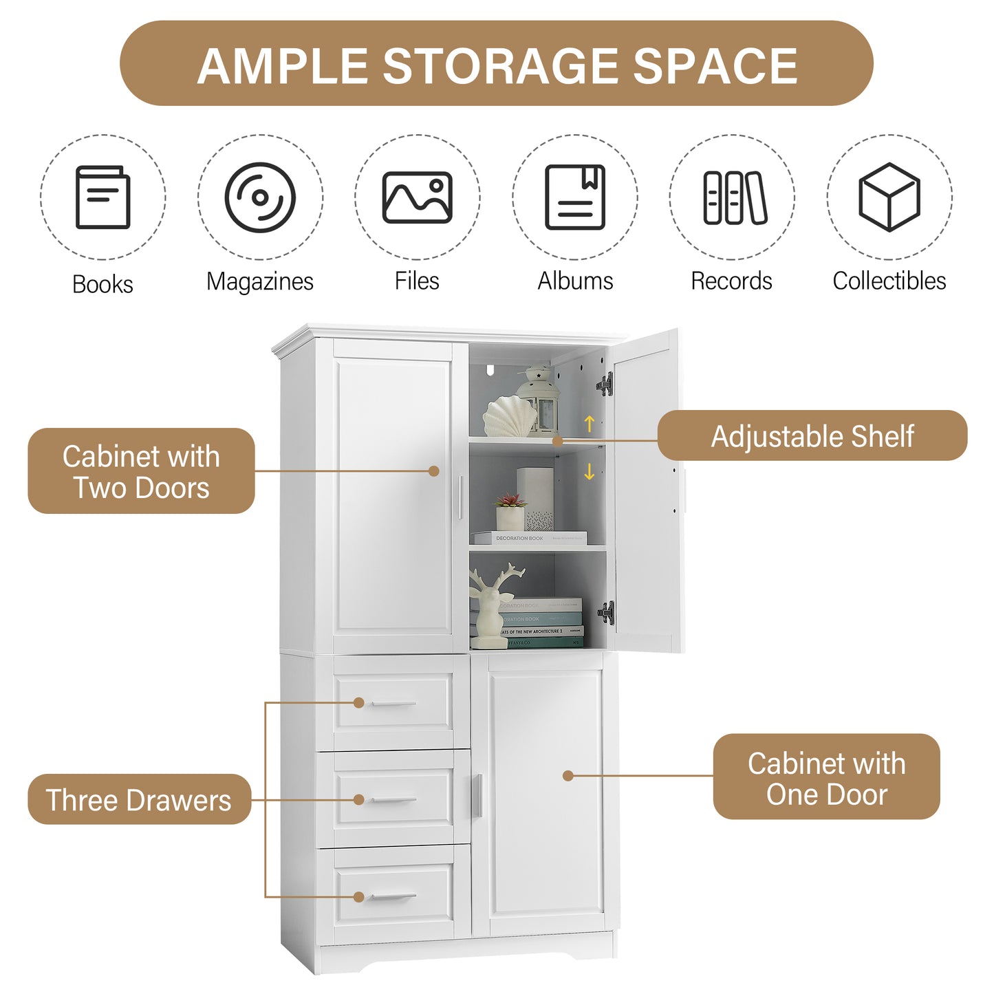 Tall and Wide Storage Cabinet with Doors, Three Drawers for Bathrooms and Offices, White Finish