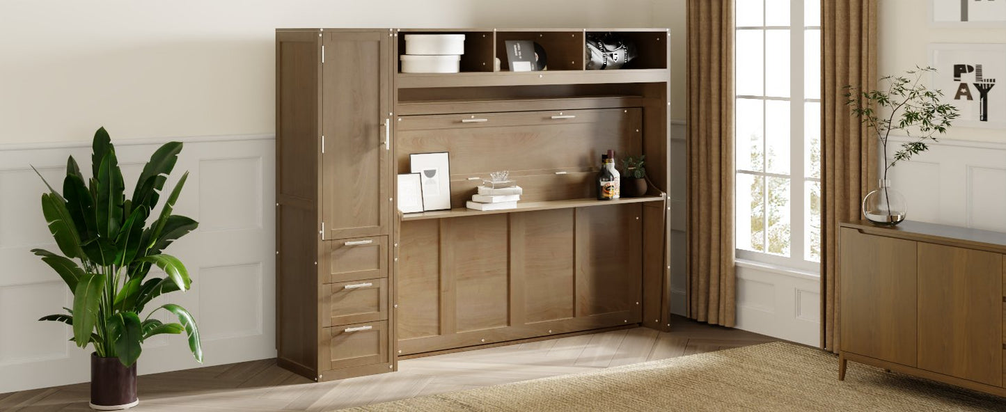 Full Size Murphy Bed with Wardrobe, Drawers, and Open Shelves, Antique Grey Finish for Functional Bedrooms