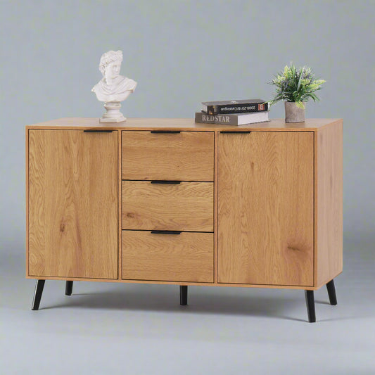 Side Panel Buffet Cabinet with 3 Drawers and 2 Doors, Natural Wood Finish for Kitchens and Dining Rooms