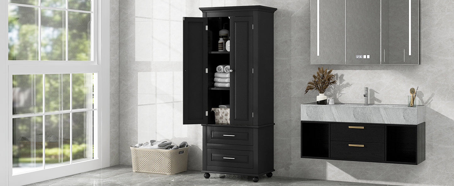 Tall Storage Cabinet with Two Drawers, Perfect for Bathrooms and Offices, Black Finish