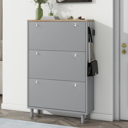 ON-TRANS narrow design shoe cabinet with 3 flip drawers and 3 independent shoe racks with 3 hooks, gray