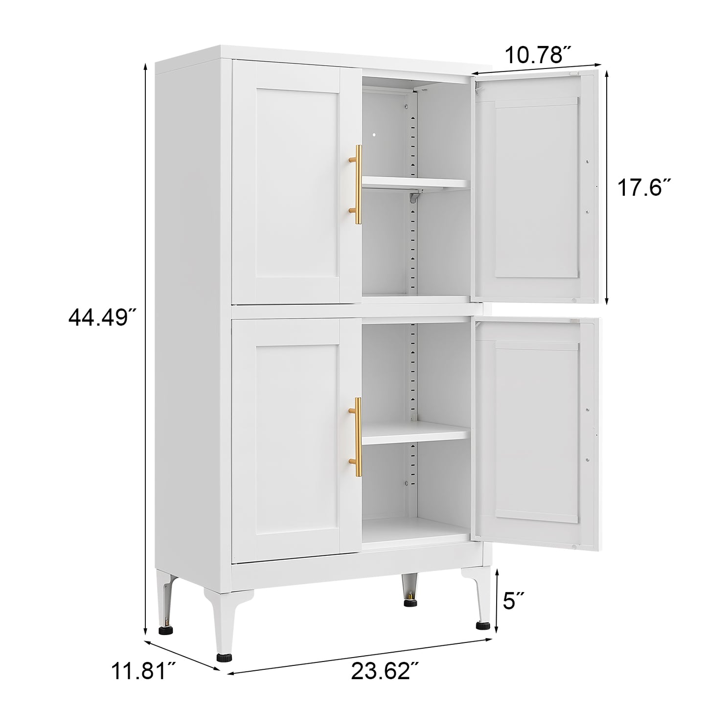 Gabinete de almacenamiento de cocina de metal blanco con estantes ajustables y patas niveladoras