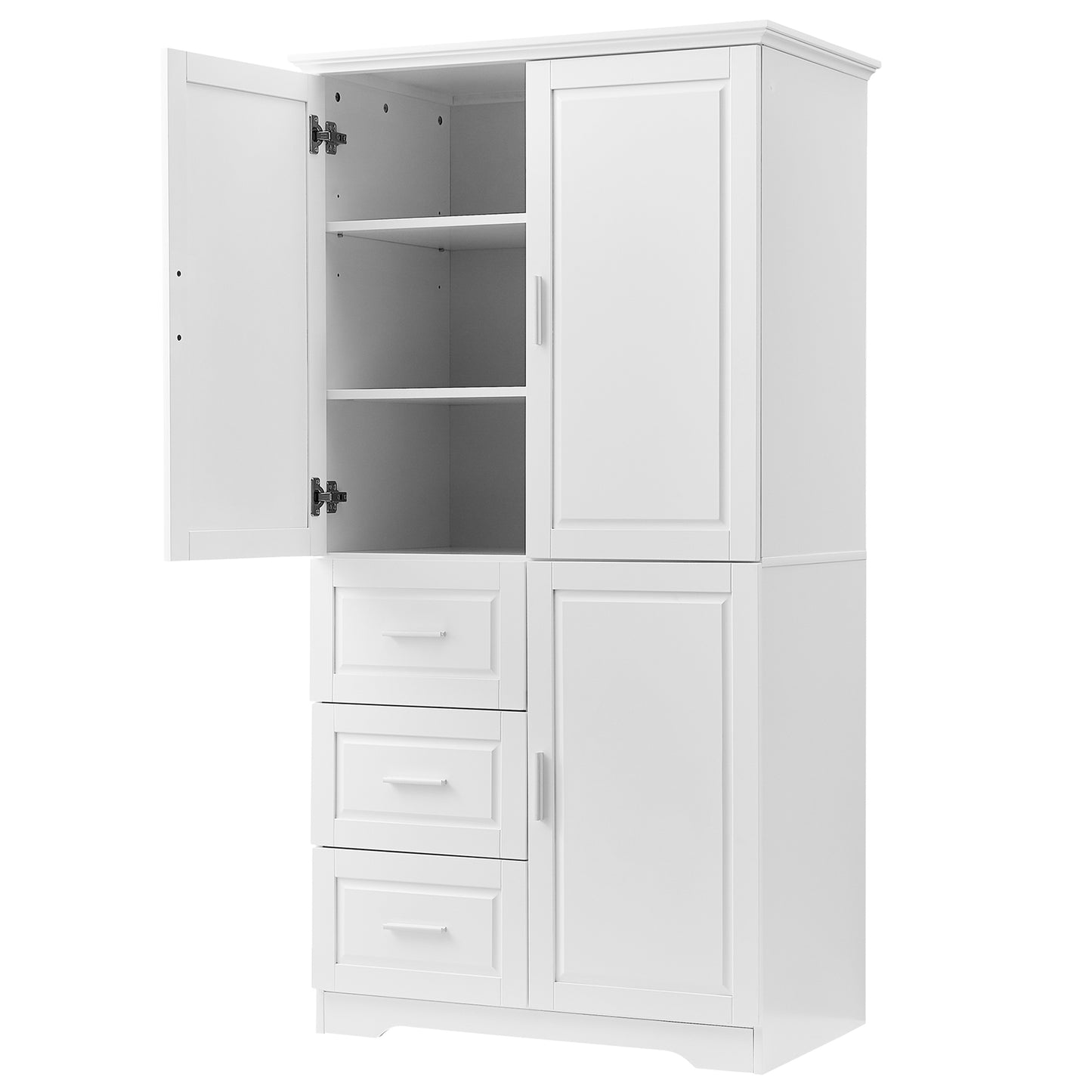 Tall and Wide Storage Cabinet with Doors, Three Drawers for Bathrooms and Offices, White Finish