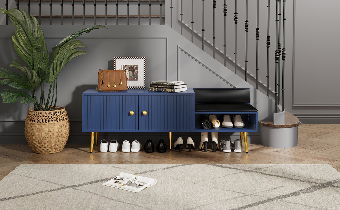 Modern Shoe Storage Bench with Hidden Storage and Upholstered Cushions, Navy Finish