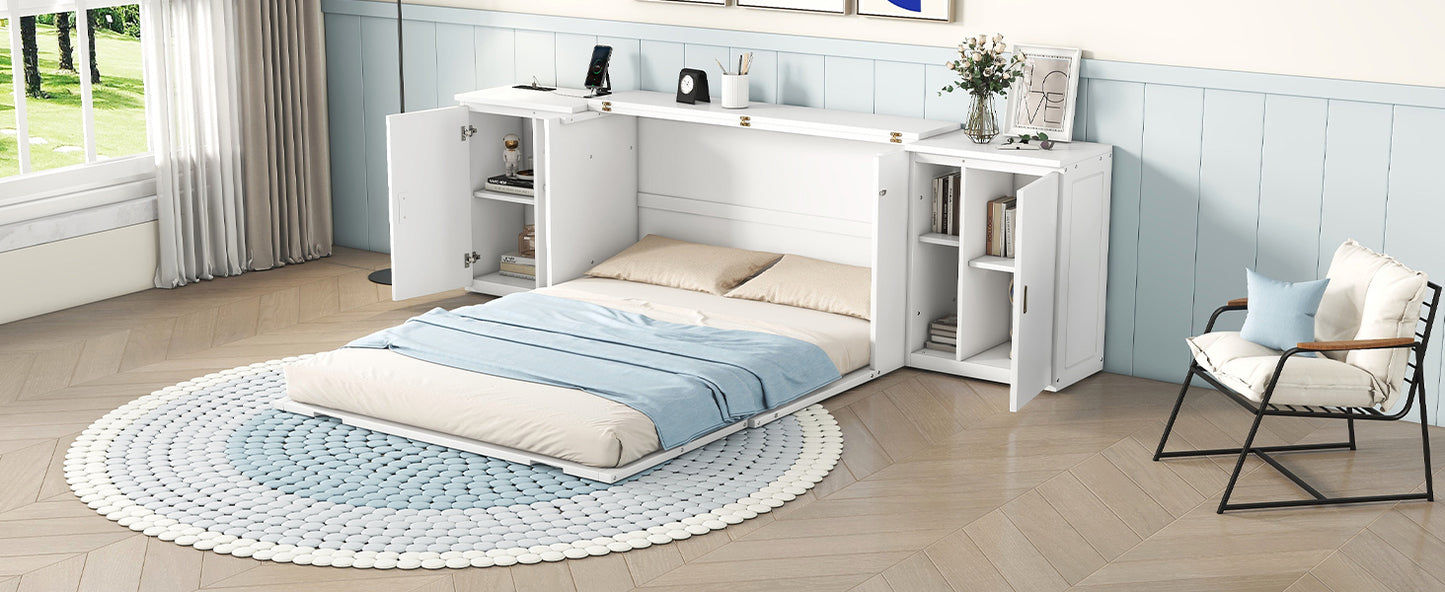 Cama plegable tamaño queen con estantes, gabinetes y puertos USB, acabado blanco para habitaciones que ahorran espacio