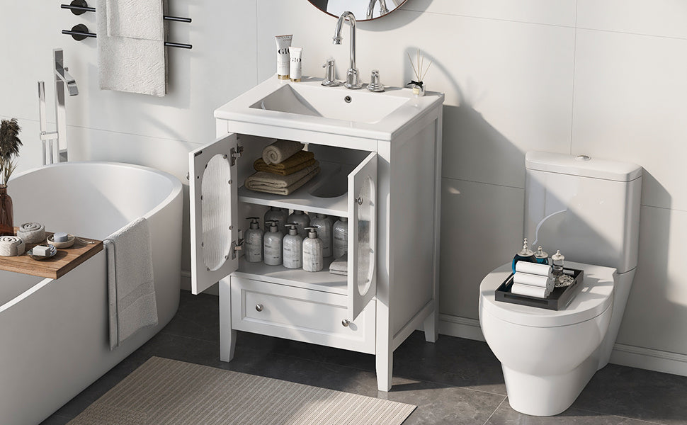 Bathroom Vanity with Sink, Bathroom Vanity Cabinet with One Drawer and Doors, Adjustable Shelf, Solid Wood and MDF, White