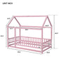 Twin Size Floor Wooden Bed with House Roof Frame, Fence Guardrails,Pink