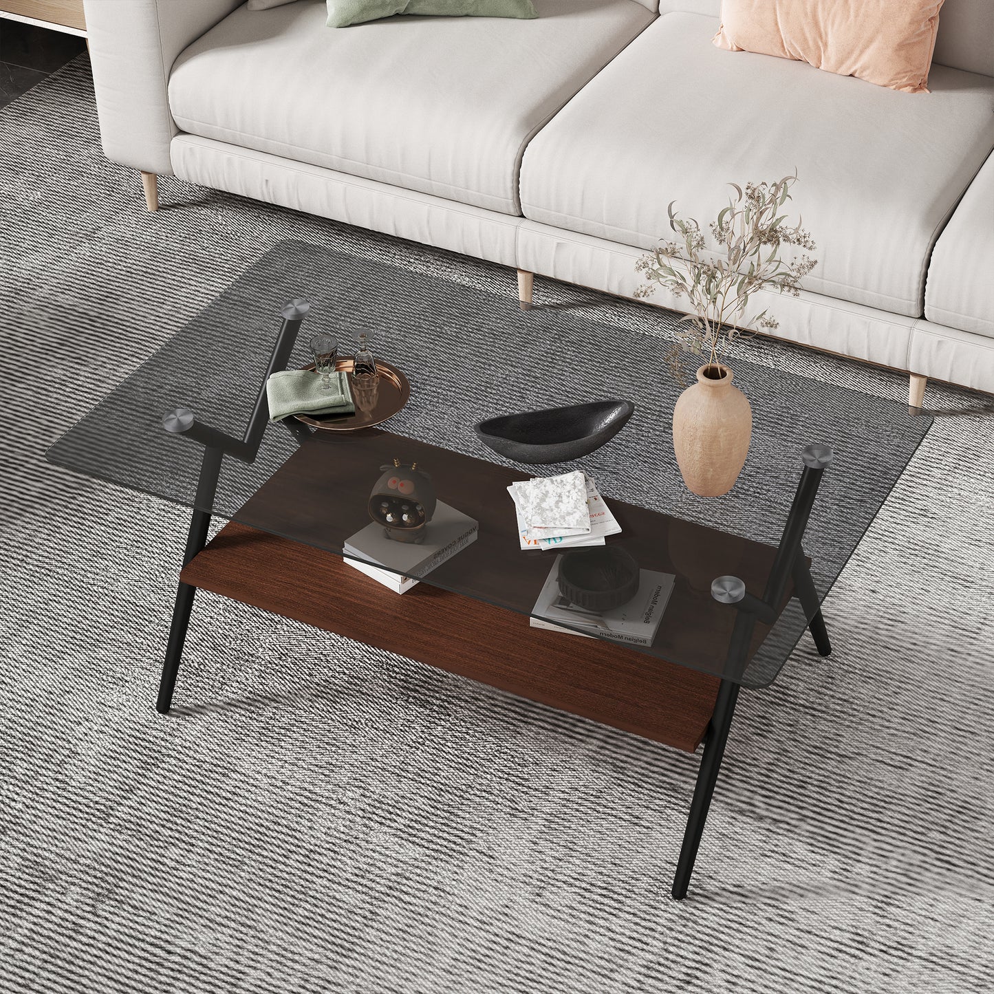 Mesa de centro rectangular con tablero de vidrio templado y estante de MDF marrón, diseño moderno para salas de estar, vidrio gris