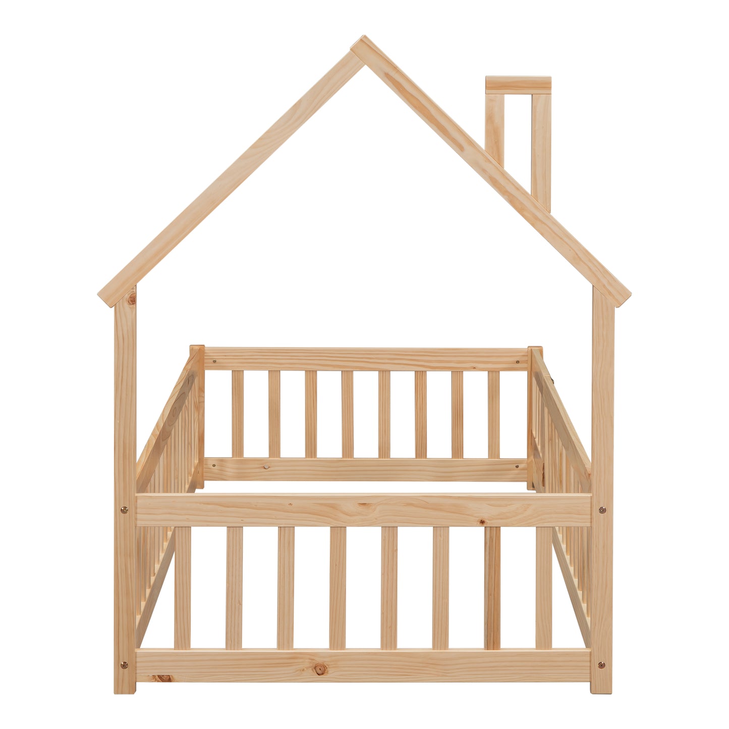 Twin House-Shaped Headboard Floor Bed with Fence Natural