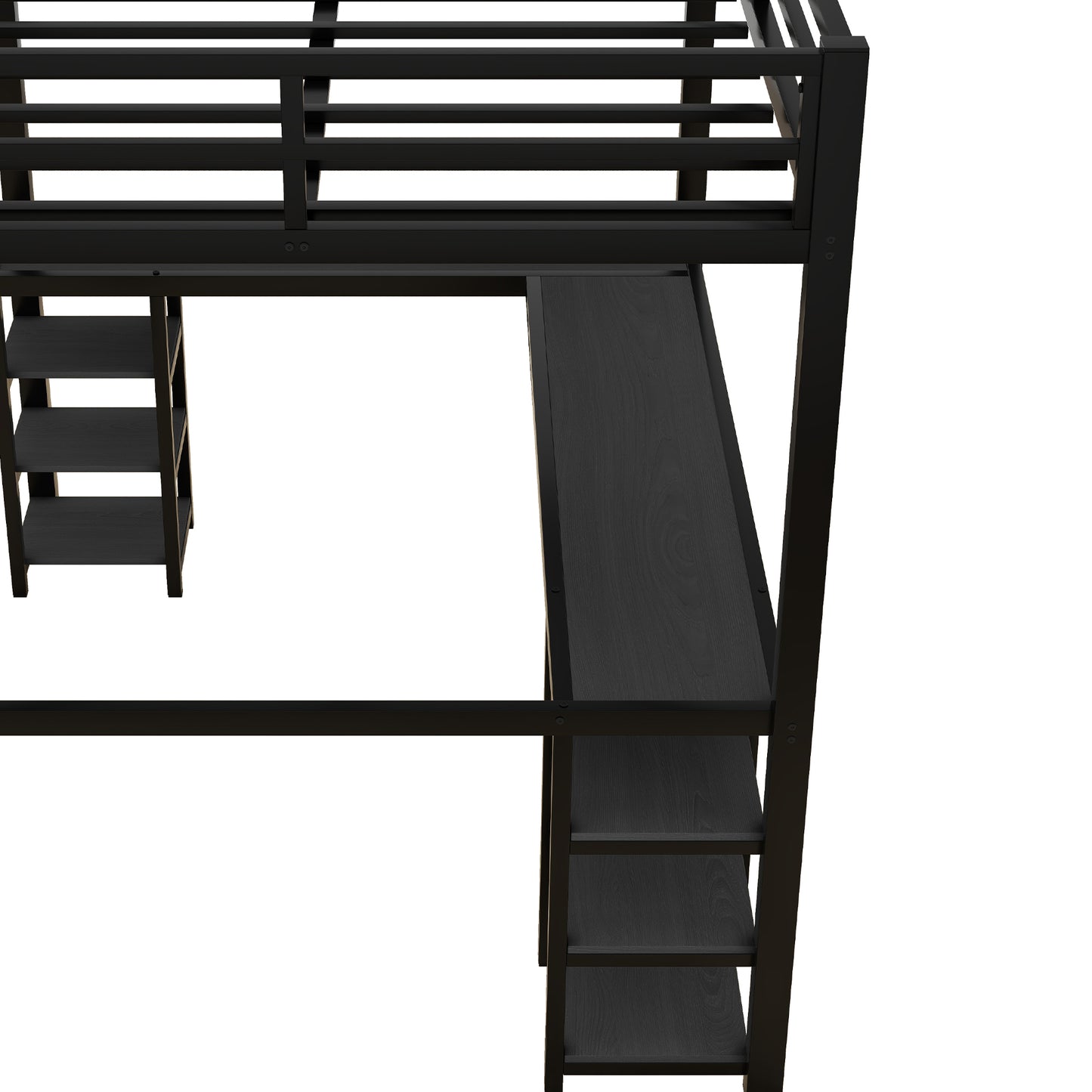 All metal loft bed with desk and shelf, loft bed with ladder and guardrail, black with black desk