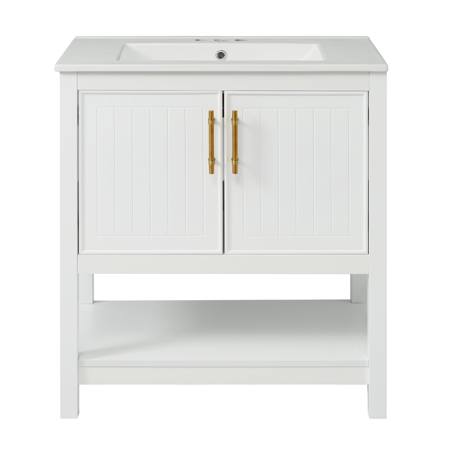 30-Inch White Bathroom Vanity with Ceramic Sink and Versatile Storage - Ideal for Small Bathrooms