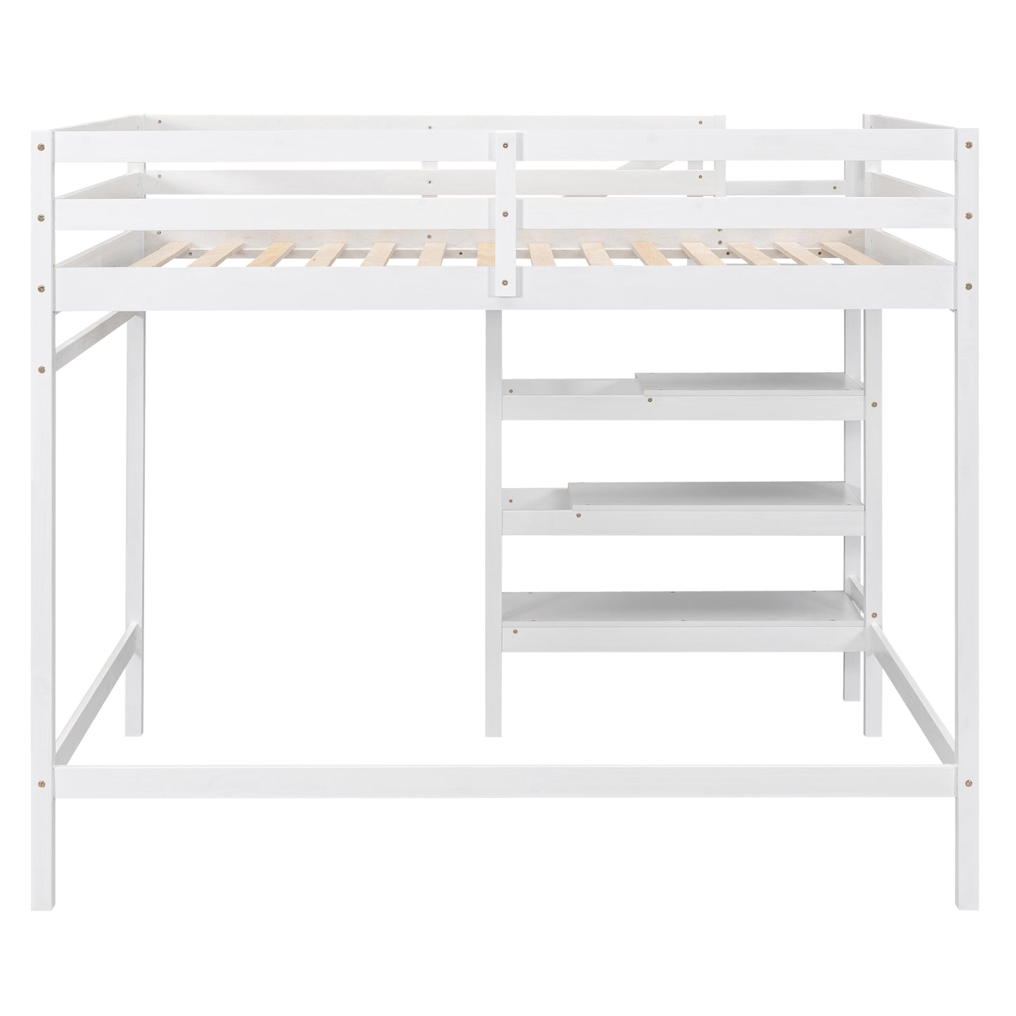 Cama alta de tamaño completo con escalera de almacenamiento incorporada y percha para ropa, acabado blanco