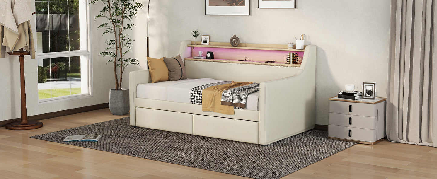 Twin Size Daybed with Storage Drawers, Upholstered Daybed with Charging Station and LED Lights, Beige