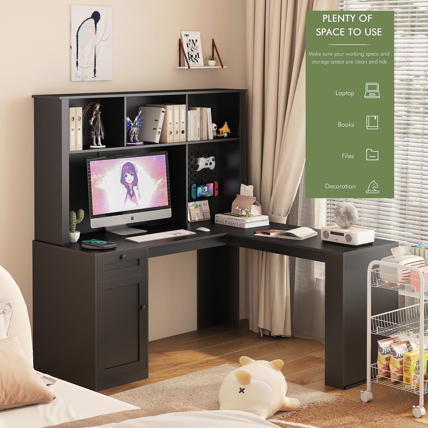 Writing desk with drawer bookshelf and charger, modern L-shaped desk with storage space, corner gaming computer desk