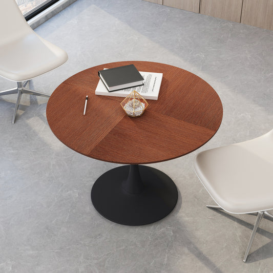 42" Modern Round Dining Table with Printed Oak Color Grain Table Top and Metal Base