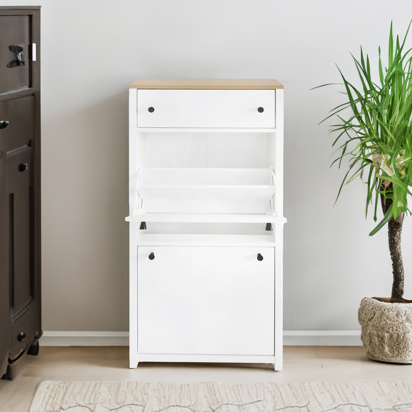 ONTREND with 2 flip drawers, top shoe cabinet with drawers, independent shoe rack with adjustable panel, white