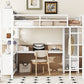 Metal loft bed with wardrobe and L-shaped desk, full-size loft bed with storage cabinet and shelf, white