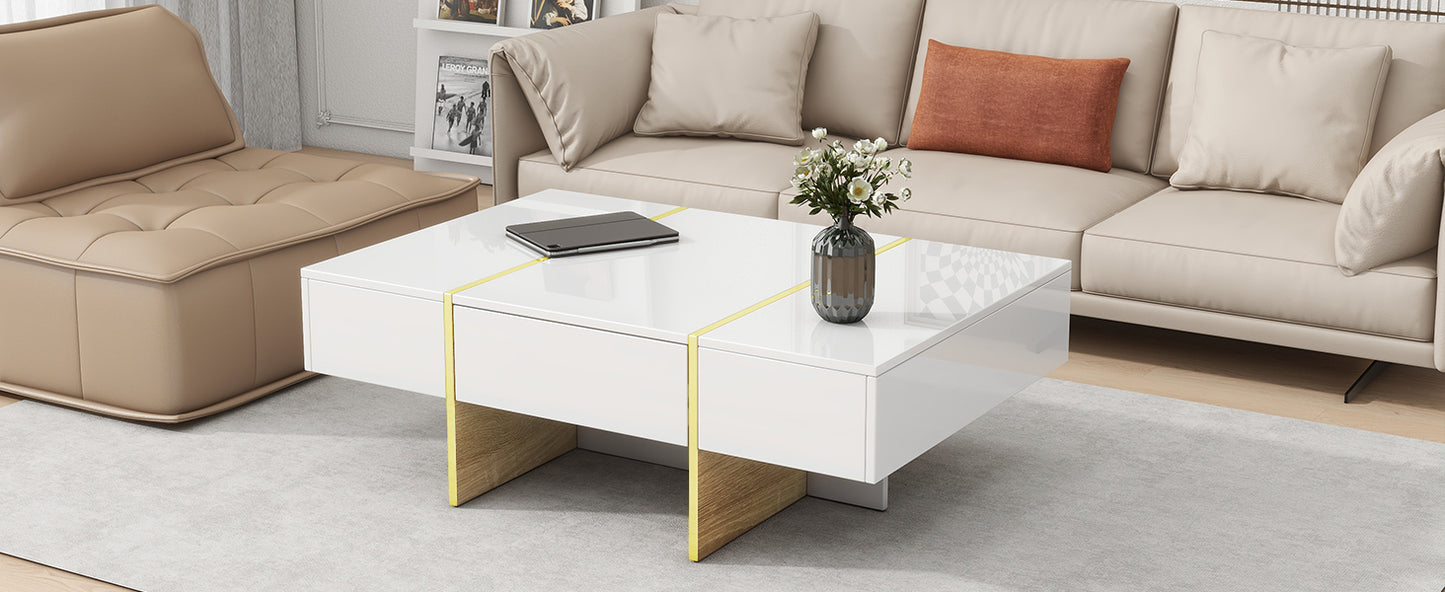 ON-TRANS 47.2 inch x 31.4 inch multifunctional rectangular sofa table with 2 drawers and gold wood grain leg center table, white