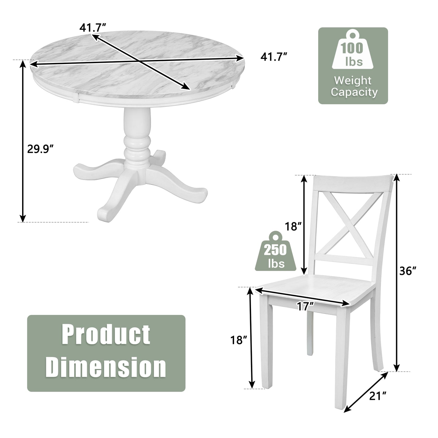 Orisfur 5 Pieces Dining Table and Chairs Set for 4 Persons Kitchen Room Solid Wood Table with 4 Chairs MDF + White + Solid Wood