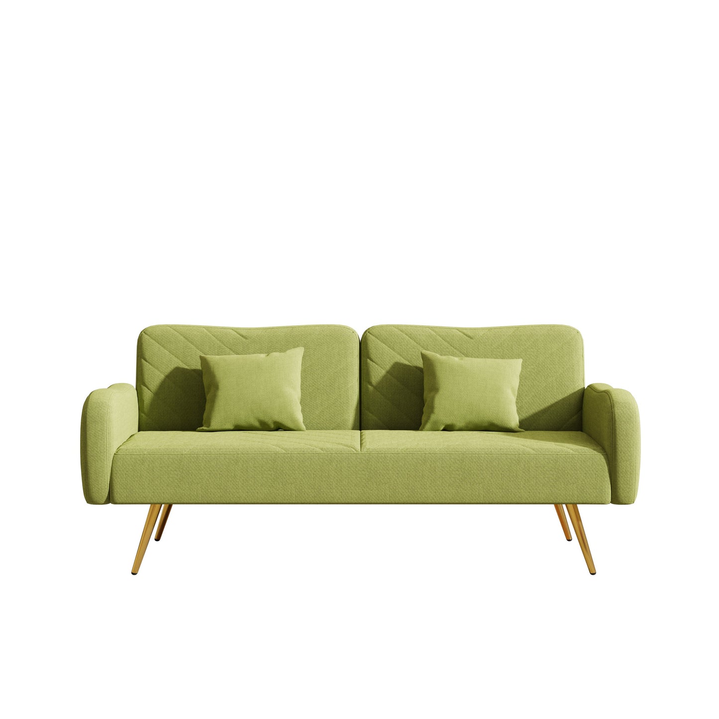 Green Fabric Double Sofa with Split Backrest and Two Throw Pillows