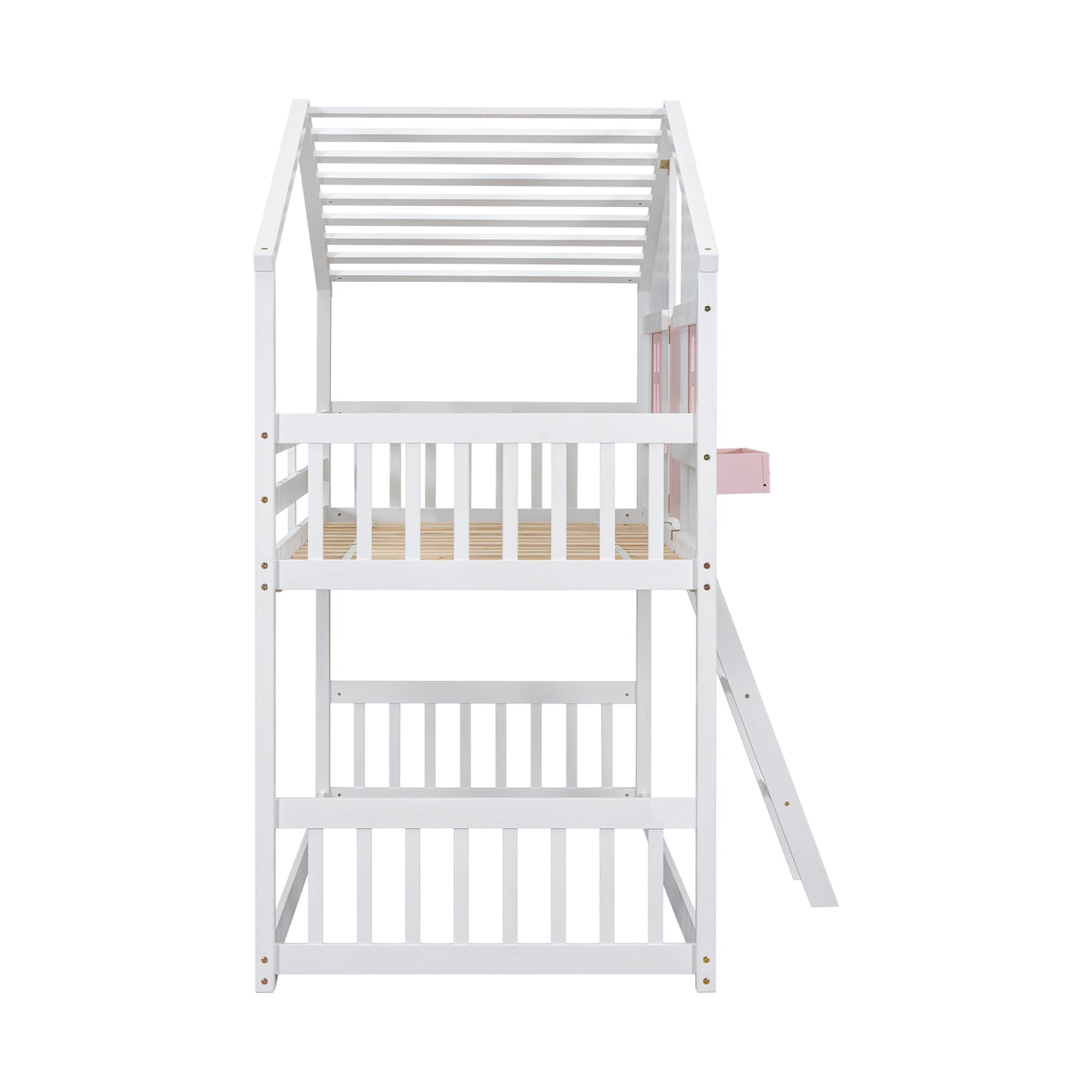 Twin over Twin House Bunk Bed with Roof , Window, Window Box, Door , with Safety Guardrails and Ladder, Pink/White