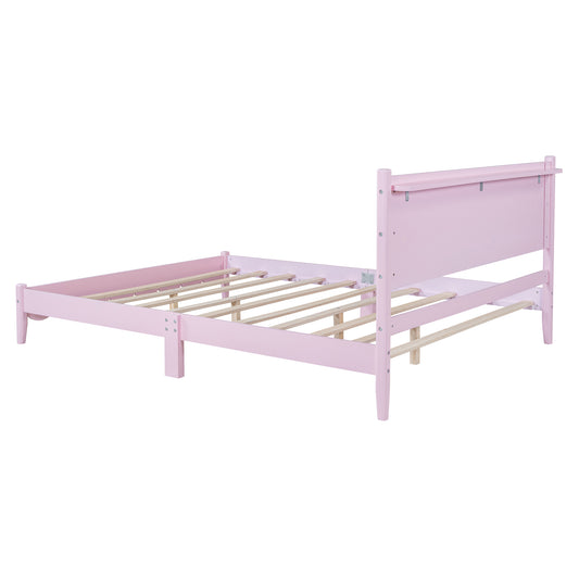 Queen Size Wood Platform Bed Frame, Retro Style Bed with Rectangular Headboard,No Need Box Spring,Pink