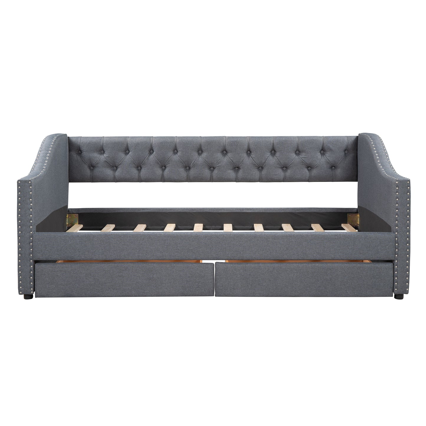 Upholstered Twin Size daybed with Two Drawers Wood Slat Support Gray