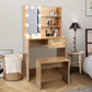 Vanity Desk Set Stool & Dressing Table with LED Lighting Mirror Drawer and Wood Cosmetic Table Chest of Drawers Nature Color