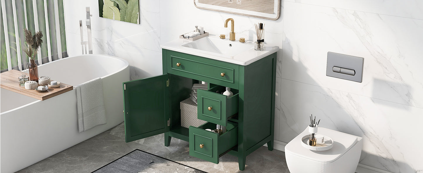 30" Bathroom Vanity with Sink Top, Solid Wood Cabinet with Door and Two Drawers, Green