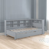 Wooden Twin Size DayBed with Twin Size Trundle, DayBed with Storage Shelf and USB Charging Ports,Grey