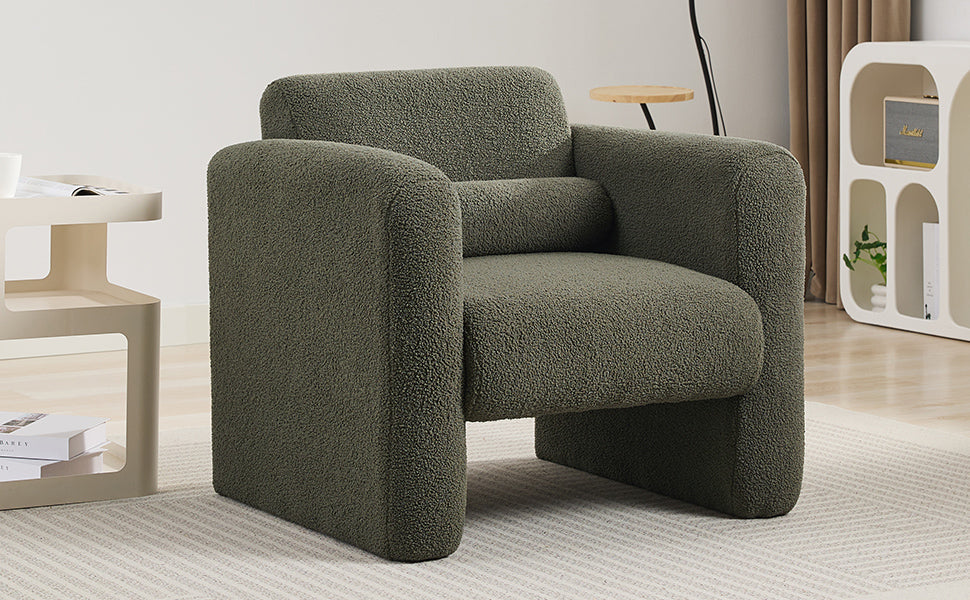 Modern Chair with Sheepskin Sherpa Fabric, Soft Cushion Armchair in Seaweed Green for Living Rooms