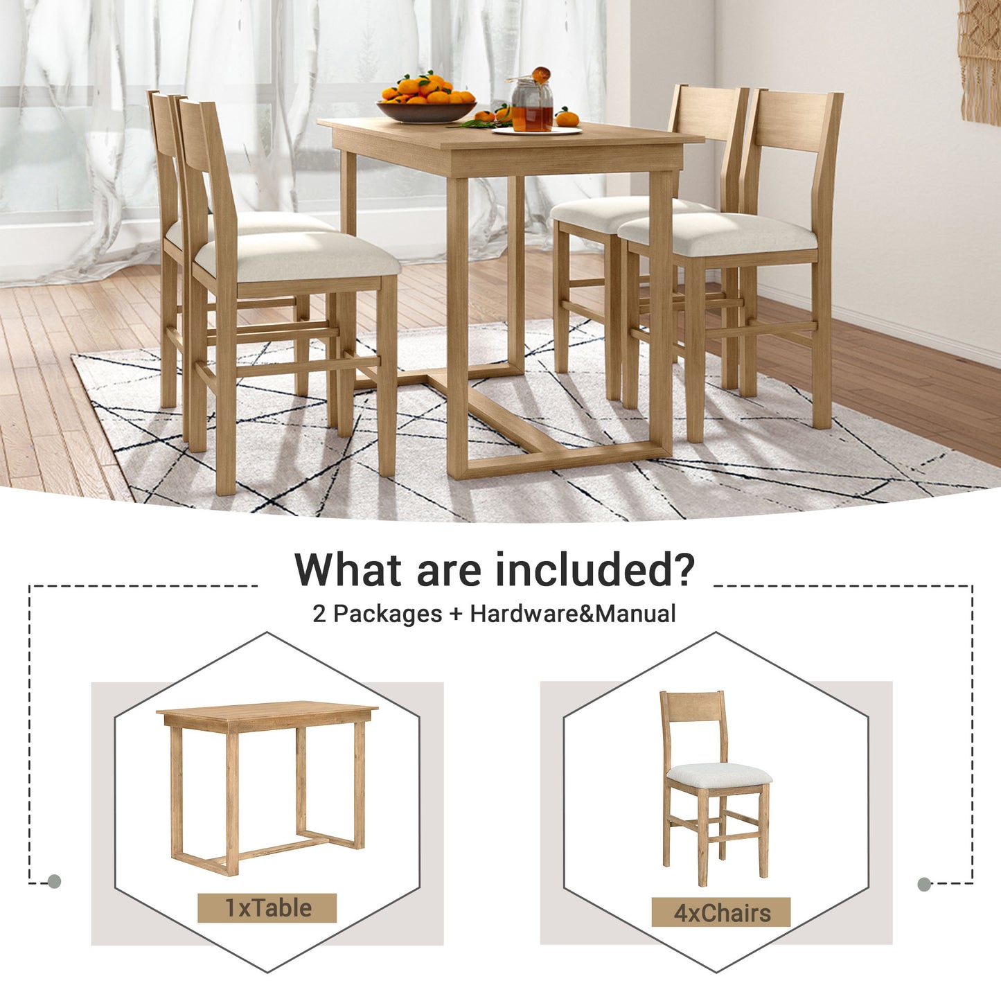 TOPMAX Farmhouse Countertop Height 5-Piece Dining Table Set with Rectangular Table and 4 Brown Chairs