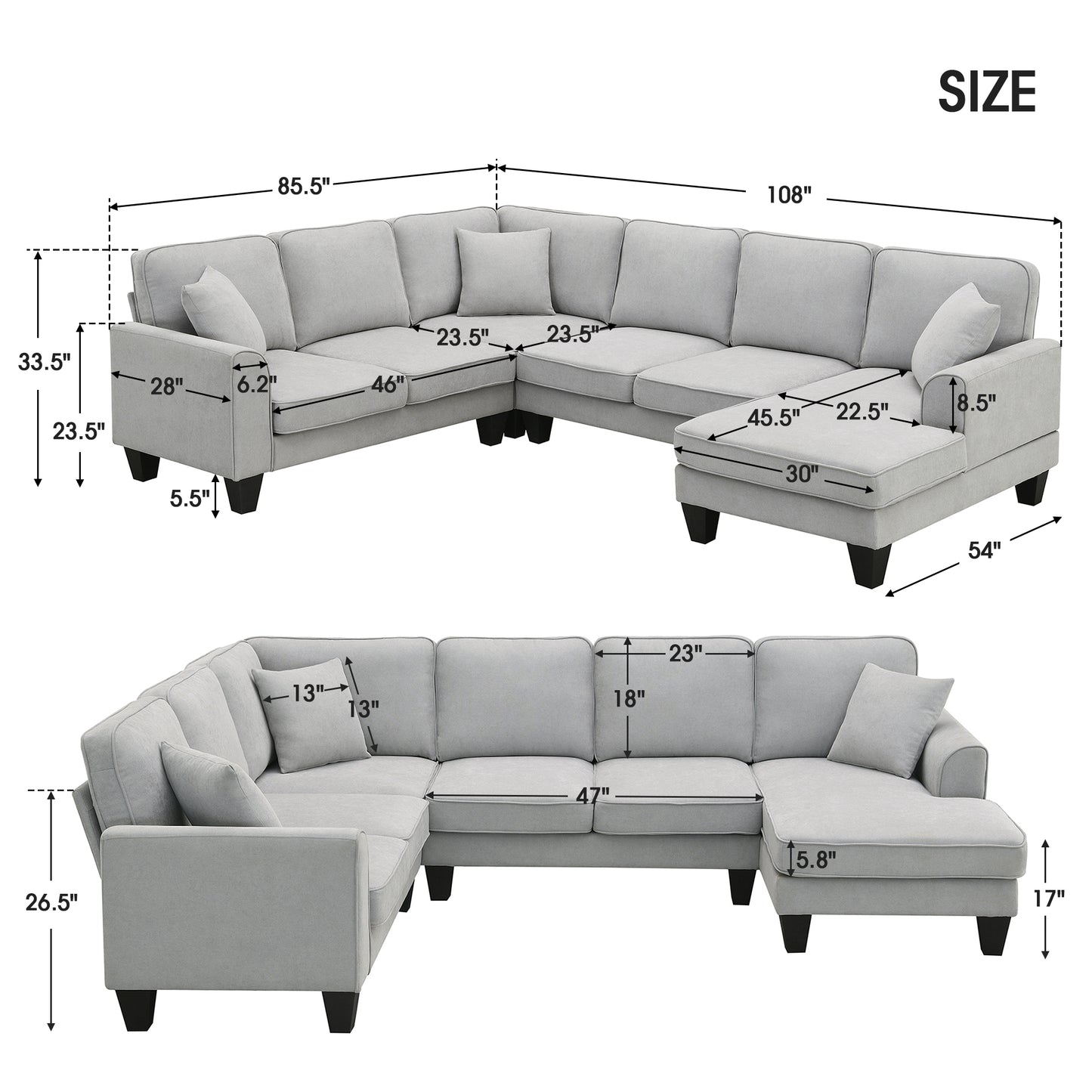 108*85.5" Modern U Shape Sectional Sofa 7 Seat Fabric Sectional Sofa Set