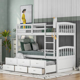 Twin over Twin Wood Bunk Bed with Trundle and Drawers White