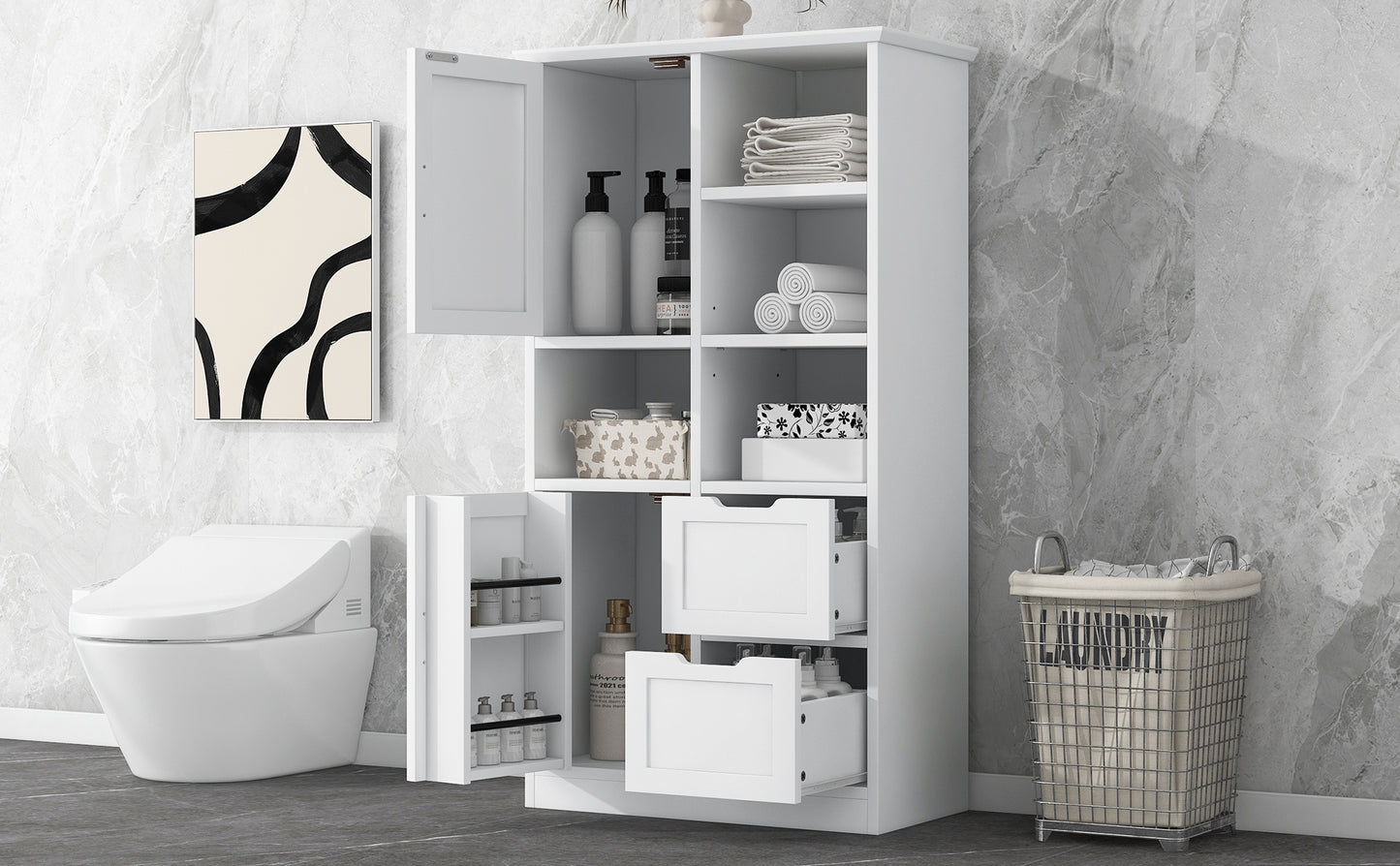 Bathroom storage cabinet with doors and drawers, multiple storage spaces, independent, open adjustable shelves, white