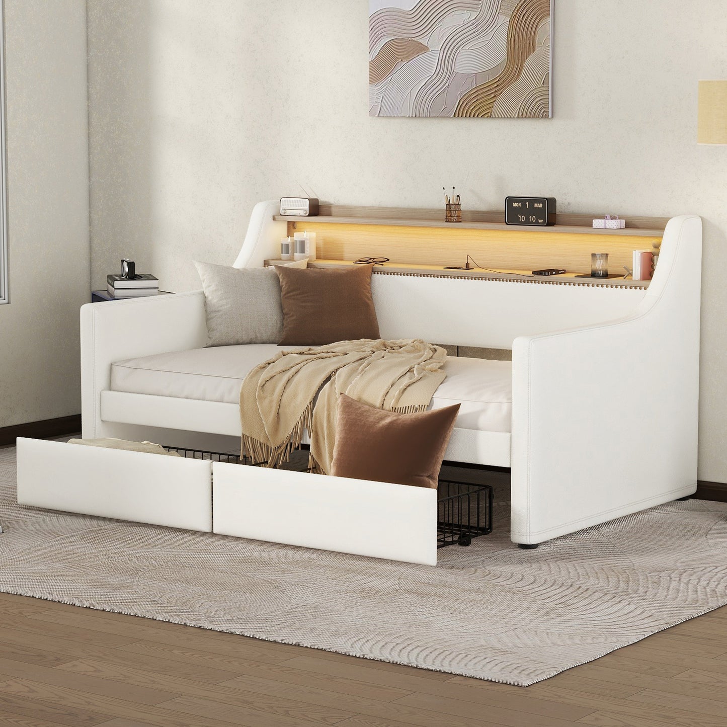 Twin Size Daybed with Drawers, Upholstered Daybed with Charging Station and LED Lights, White