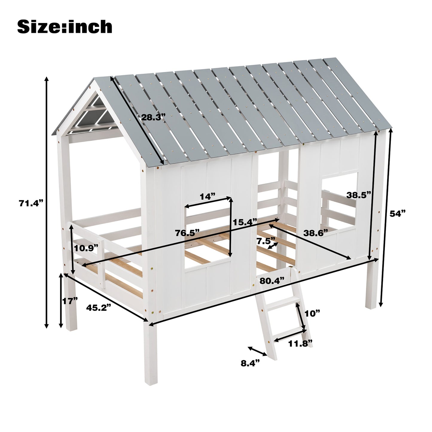 Twin Size Low Loft House Bed with Roof and Two Front Windows White