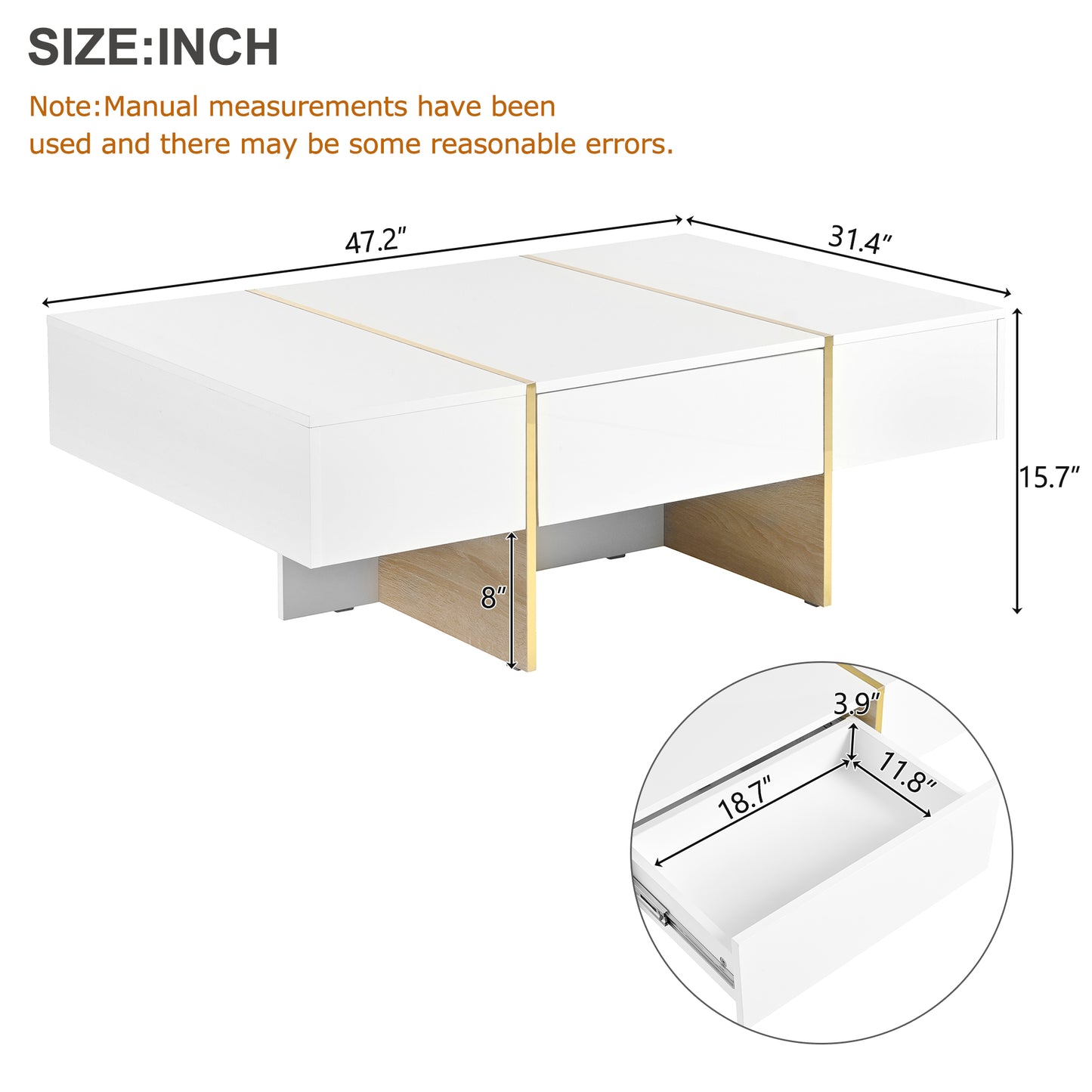 ON-TRANS 47.2 inch x 31.4 inch multifunctional rectangular sofa table with 2 drawers and gold wood grain leg center table, white