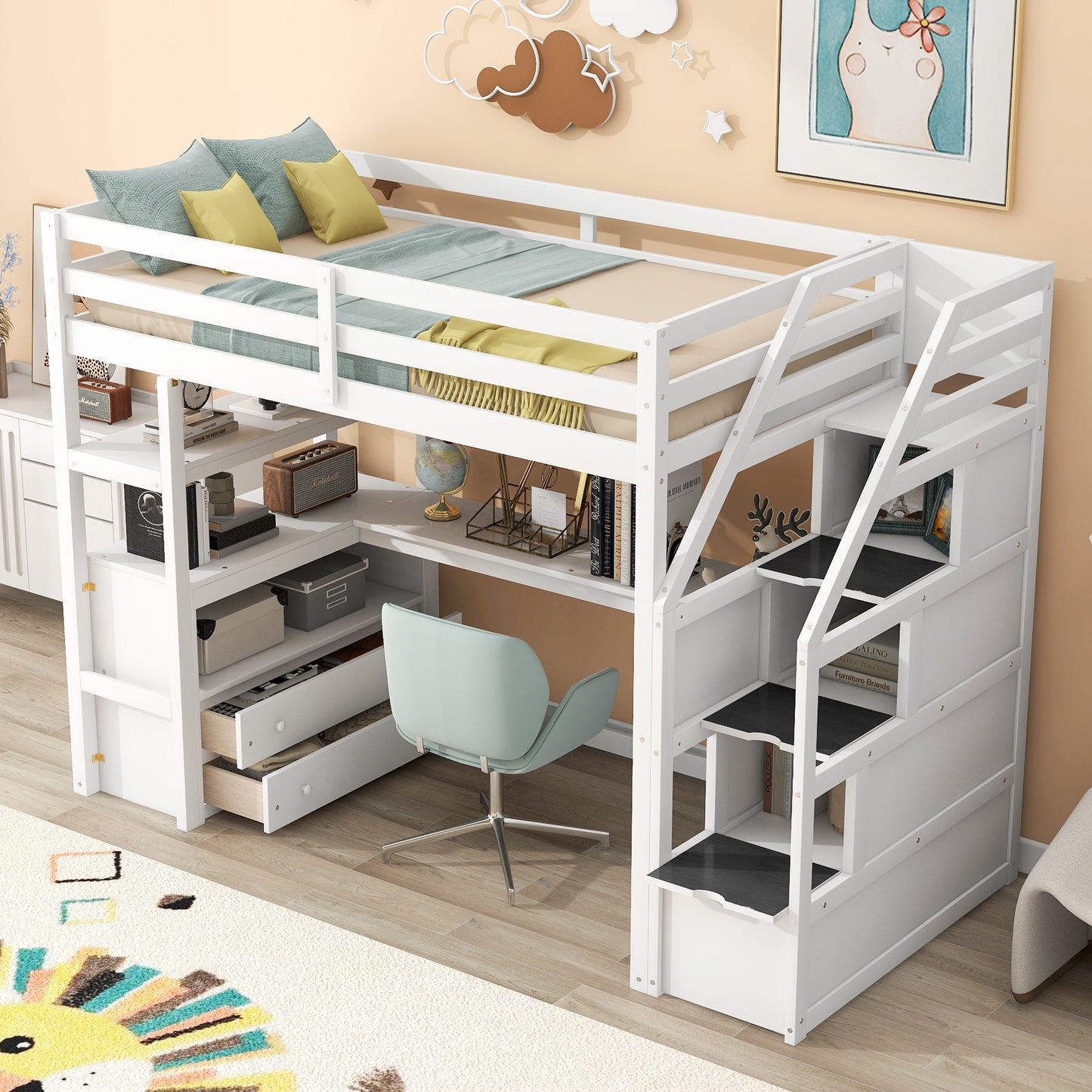 Twin Size Loft Bed with Desk and Shelves  Two Built-in Drawers  Storage Staircase White