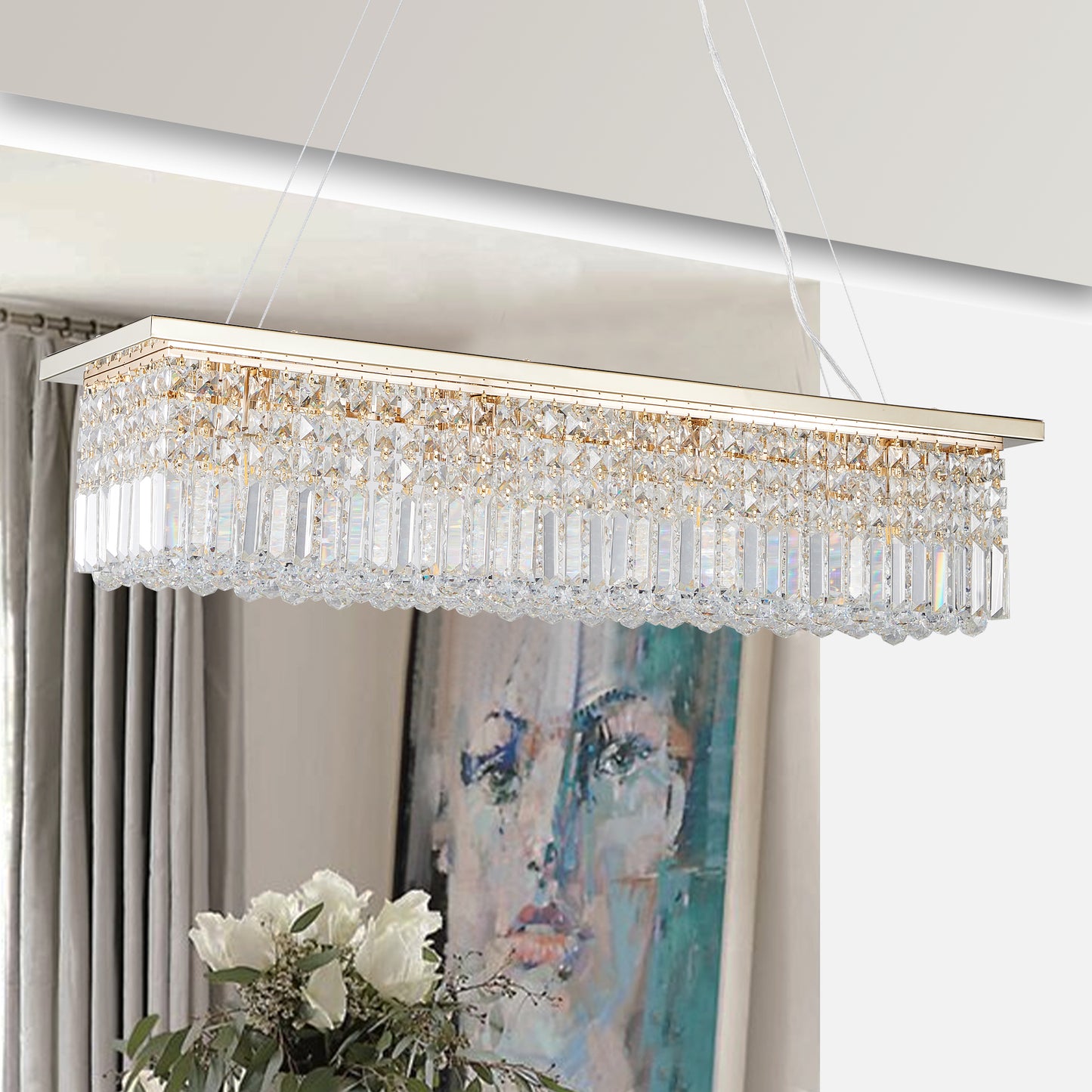 Modern Crystal Chandelier for Dining Room 8-Light Gold Rectangle Raindrop Chandelier L39.4'' x W9.8'' x H8.7'(Bulb Not Included)